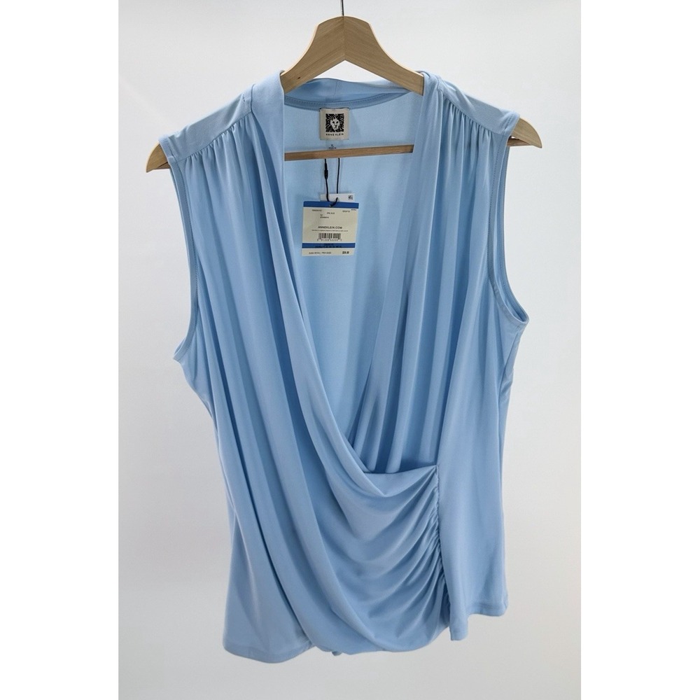Anne Klein Women's Shirred Surplice Neck Sleeveless Blouse Top Light Blue XL